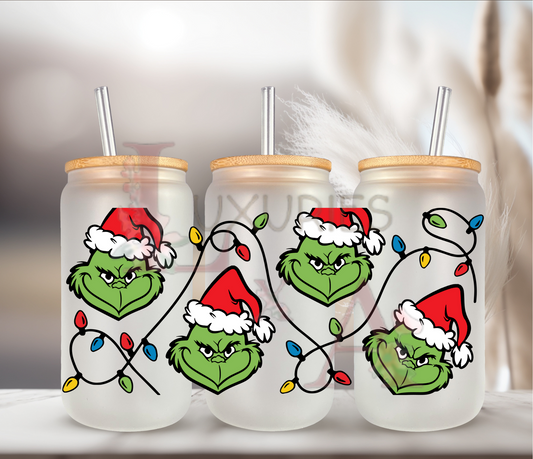 Green man Christmas lights 16 oz Glass can